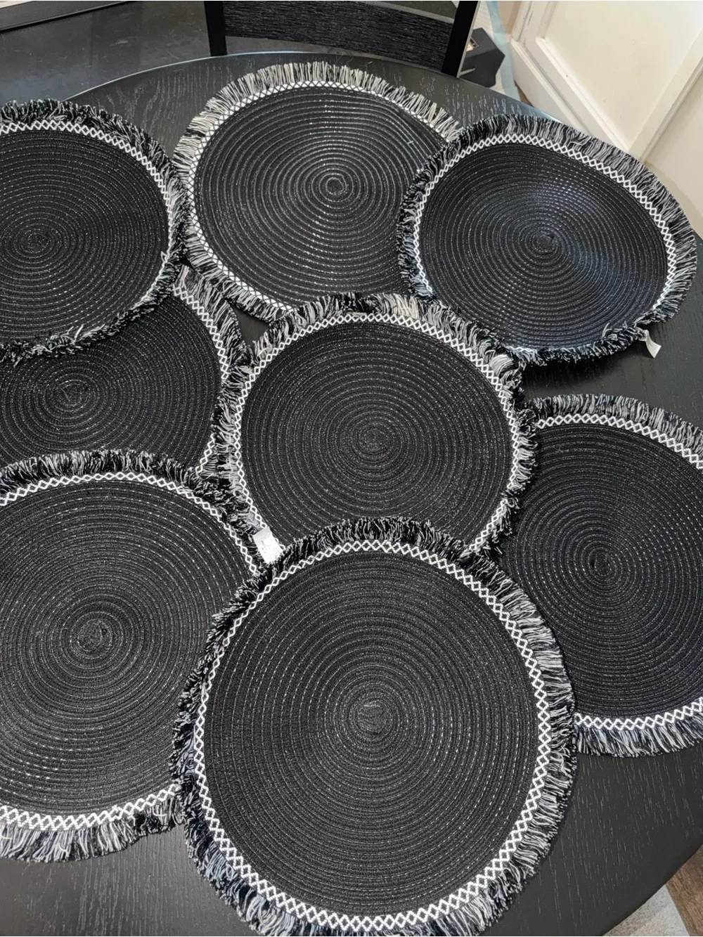 Round Black Woven Placemat with White Fringe Detail Set of 8